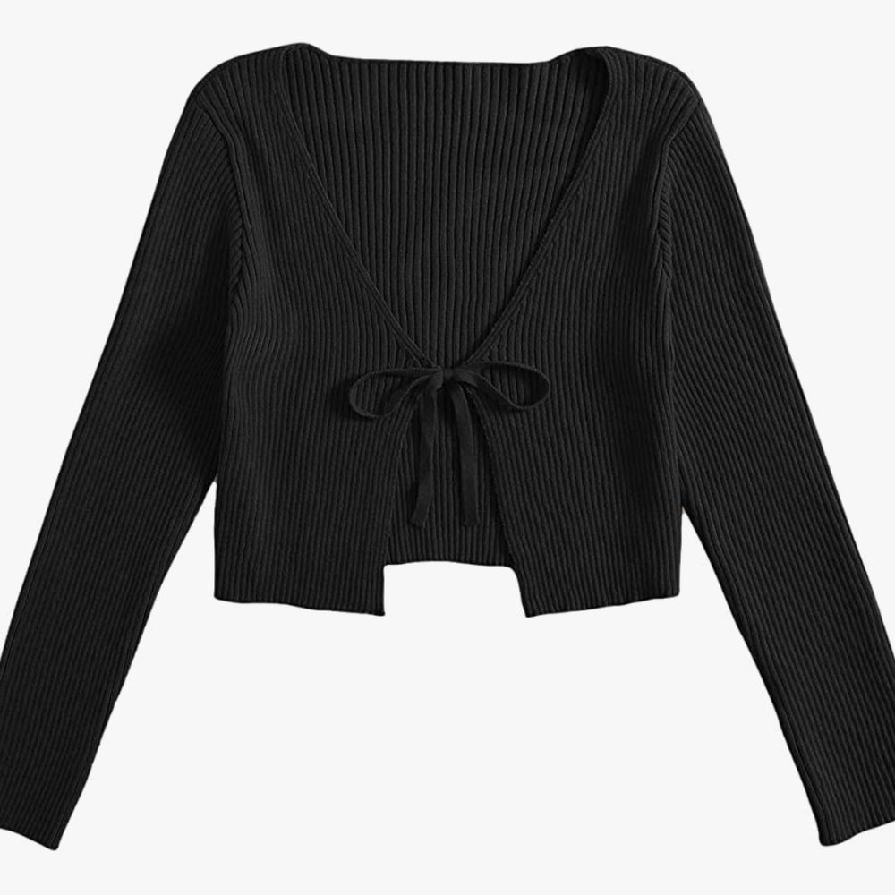 Lightweight Soft Knit Ribbed Tie-Front Cardigan